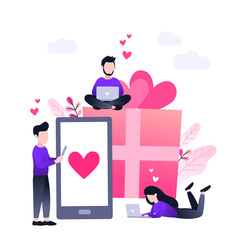 Happy Valentines day, big present and smartphone with heart. Small people with laptop, romantic background, banner design