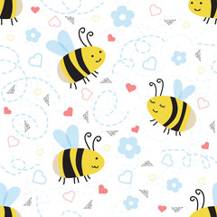 seamless hand drawn bee with confetti glitter pattern on white background