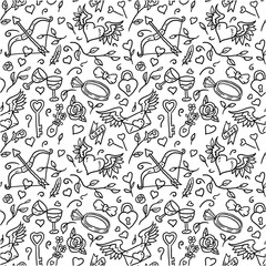 Seamless valentine's pattern, hand drawn line art vector illustration