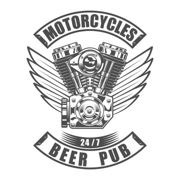 Design beer bar emblem in vintage monochrome motorcycle style. Beer pub logo vector illustration.