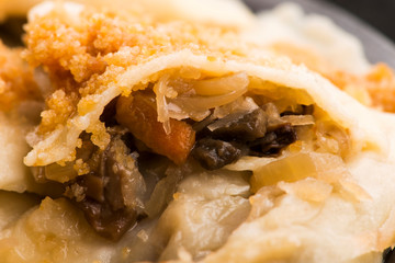 Boiled pierogi (Polish dumplings) stuffed with cabbage and mushrooms