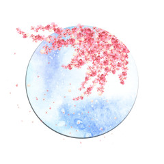 blooming watercolor sakura tree flowers inside round frame