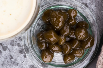 Bubble boba tea with milk and homemade tapioca and matcha pearls