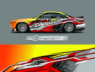Obraz premium Car wrap design vector. Graphic abstract stripe racing background designs for wrap cargo van, race car, pickup truck, adventure vehicle. Eps 10