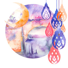 abstract watercolor illustration of islamic mosque crescent moon and hanging lanterns