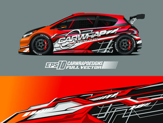 Fototapeta premium Car wrap design vector. Graphic abstract stripe racing background designs for wrap cargo van, race car, pickup truck, adventure vehicle. Eps 10
