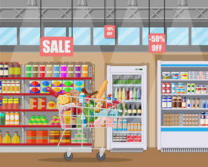 Supermarket store interior with goods. Big shopping mall. Interior store inside. Checkout counter, grocery, drinks, food, fruits, dairy products. Vector illustration in flat style