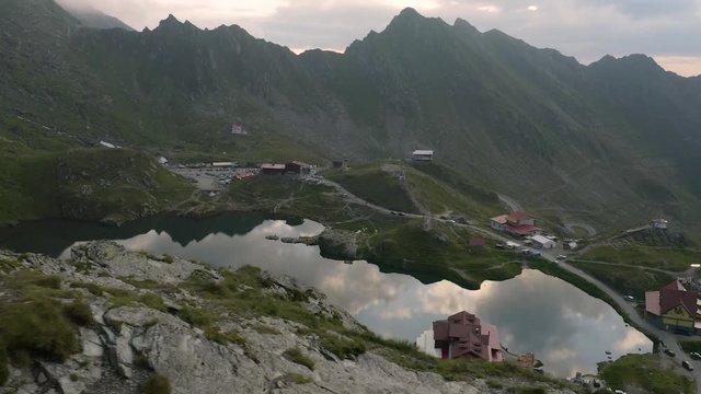 4K Carpathian Mountains Balea Lake Aerial View at Sunrise Romania