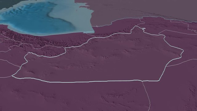 Semnan, province with its capital, zoomed and extruded on the administrative map of Iran in the conformal Stereographic projection. Animation 3D