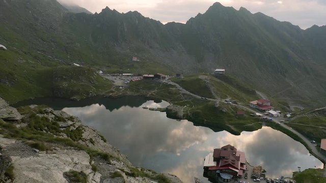 4K Transfagarasan Highway Glacier Lake at Sunset Drone Shot