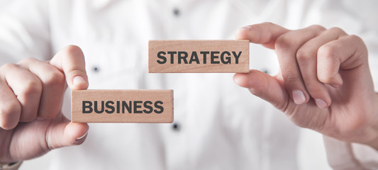 Business girl showing Business Strategy text on wooden block.