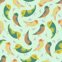Fototapeta premium seamless colorful hand drawn bird with confetti silver glitter pattern on stripe background