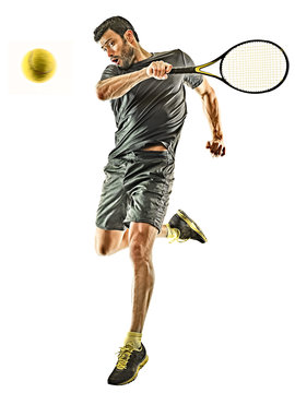 one caucasian mature tennis player man in studio isolated on white background