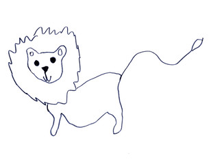 linear black and white children`s drawing of a lion on a white background