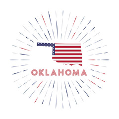 Obraz premium Oklahoma sunburst badge. The US state sign with a map of Oklahoma with the American flag. Colorful rays around the logo. Vector illustration.