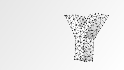 Alphabet letter Y. Abstract digital wireframe, low poly mesh, Raster white origami 3d illustration. Design of an Uppercase english letter. Banner, template or a pattern. Line, dot