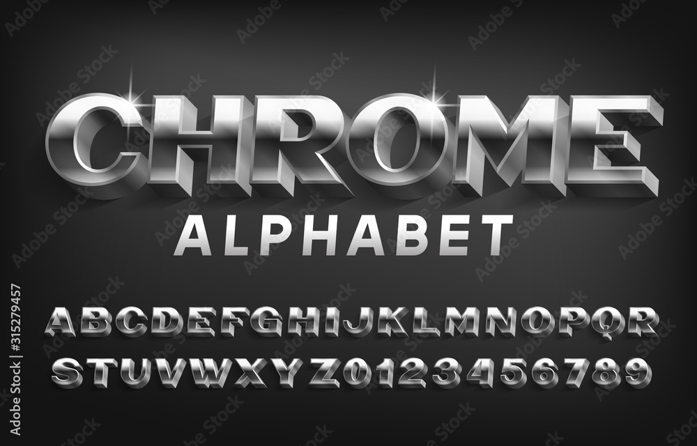 Fototapete chrome alphabet font. 3d metal effect letters and numbers with shadow. stock vector typeface for you