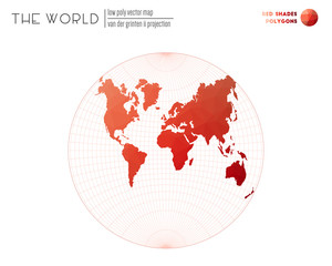 Polygonal world map. Van der Grinten II projection of the world. Red Shades colored polygons. Elegant vector illustration.