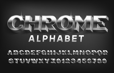 Chrome alphabet font. 3D metal effect letters and numbers with shadow. Stock vector typeface for your typography design.