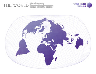 World map in polygonal style. Jacques Bertin's 1953 projection of the world. Purple Shades colored polygons. Energetic vector illustration.