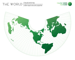 Polygonal map of the world. Albers equal-area conic projection of the world. Yellow Green colored polygons. Elegant vector illustration.