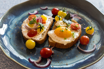 Morning breakfast toast with egg, bread, cherry tomatoes, onion, and cheese.