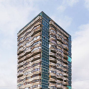 Residential building in Volgodonsk, Russia, Soviet modernism era brutalism style