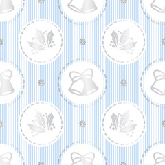 seamless glitter christmas pattern on blue stripe background with silver bell and leave