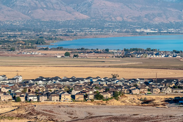 Aerial view of Utah Lake and housing estate