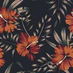Tropical vintage floral palm leaves red hibiscus flower seamless pattern black background. Exotic jungle wallpaper.