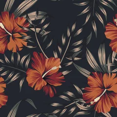 Tapeten Tropische Vintage floral Palmblätter rote Hibiskusblüte nahtlose Muster schwarzen Hintergrund. Exotische Dschungeltapete. © good_mood