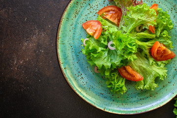 Healthy salad, leaves mix salad (mix micro greens, cucumber, tomato, chili pepper, other...
