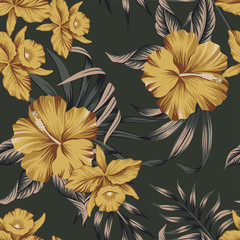 Tropical vintage yellow hibiscus, orchid flower, palm leaves floral seamless pattern green background. Exotic jungle wallpaper.