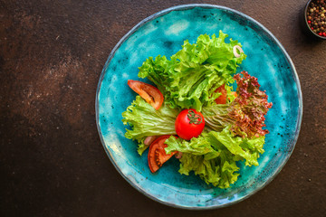 Healthy salad, leaves mix salad (mix micro greens, cucumber, tomato, chili pepper, other...
