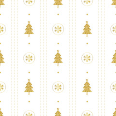 seamless christmas pattern with gold glitter pine tree and gold snowflake on white pattern background