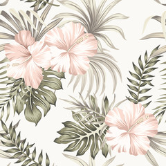 Tropical vintage hibiscus flower, palm leaves floral seamless pattern ivory background. Exotic jungle wallpaper.