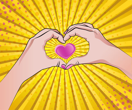 Fototapeta Unisex or womans hands in heart shape on rays bright yellow background as pop art style. Template for inscriptions