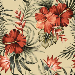 Tropical vintage hibiscus flower, strelitzia, palm leaves floral seamless pattern beige background. Exotic jungle wallpaper.