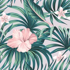 Vlies Fototapete Kinderzimmer Tropischer rosa Hibiskus und Plumeria florale grüne Palmblätter nahtloses Muster lila Hintergrund. Exotische Dschungeltapete.