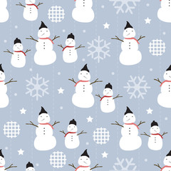 seamless hand drawn christmas pattern with snowman and snowflake  on blue  background