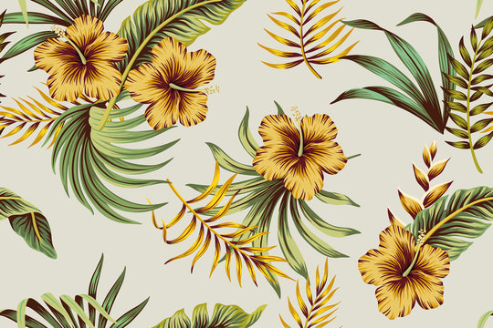 Tropical vintage yellow hibiscus flower, palm leaves floral seamless pattern grey background. Exotic jungle wallpaper.