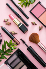 Make up cosmetics products against pink color background
