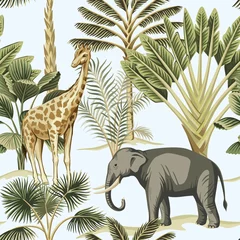 Behang Tropische print Tropische vintage olifant, giraffe wilde dieren, palmboom en plant naadloze bloemmotief blauwe achtergrond. Exotisch jungle safari behang.