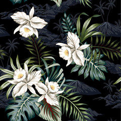 Tropical vintage night white orchid flower, palm leaves floral, island landscape seamless pattern black background. Exotic jungle wallpaper. - 315281059