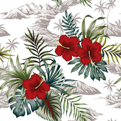 Tropical vintage botanical island, palm tree, mountain, palm leaves, hibiscus flower summer floral seamless pattern white background.Exotic jungle wallpaper.