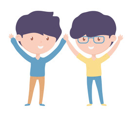 celebrating ypoung boys holding hands on white background