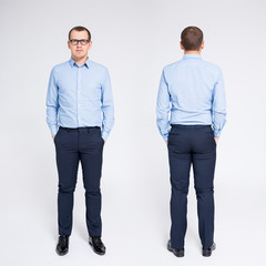 front and back view of businessman over gray background