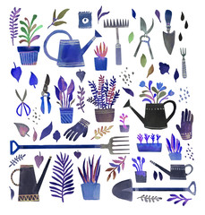 Set of garden elements. Hand made watercolor illustration. Potted plants, watering can, apron, shovel, wheelbarrow, dig, gloves, gardening, nippers, scissors. Elements for design, packaging, fabric.