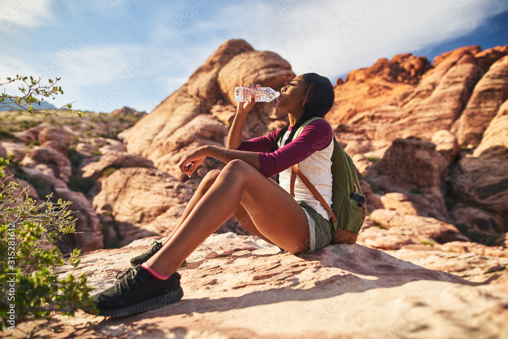 Wall mural female hiker drinking from water bottle on cliff ledge at red rock canyon