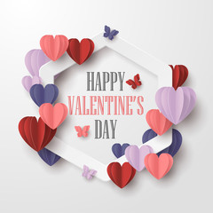 Happy valentines day paper cut style with colorful heart shape and white frame in white background